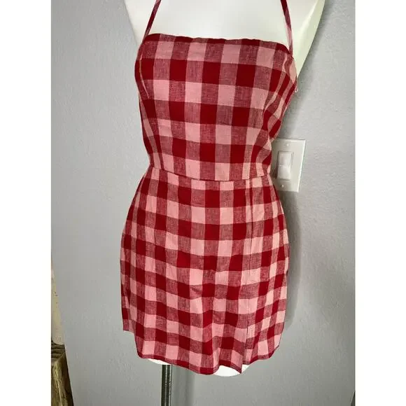 Reformation Linda Linen Halter Mini Dress Conda Check Reformation Linda Linen Halter Mini Dress Conda Check